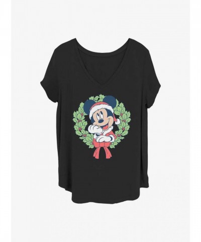 Disney Girls Plus Size T-Shirt with Mickey Mouse Christmas Wreath - Black