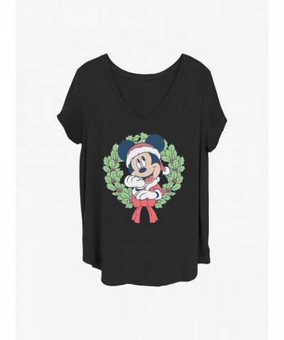 Disney Girls Plus Size T-Shirt with Mickey Mouse Christmas Wreath - Black