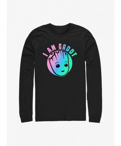 Marvel Rainbow Groot Long Sleeve T-Shirt for Men - Black Cotton