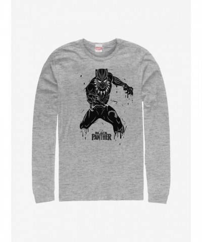 Marvel T-Shirt - Black Panther Splattered Design in Grey - Men's Long Sleeve