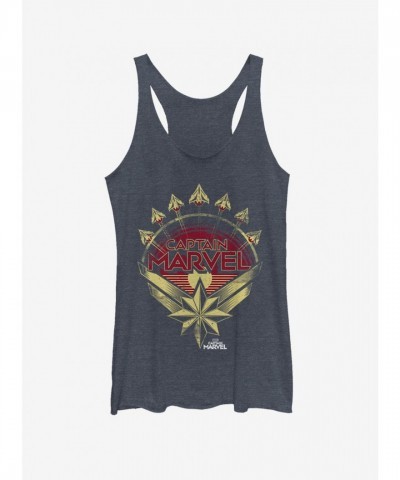 Marvel Captain Marvel Soaring Plane Design Girls Tank Top - Navy Blue