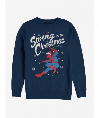 Marvel Spider-Man Swinging Spidey Blue Crewneck Sweatshirt for Men