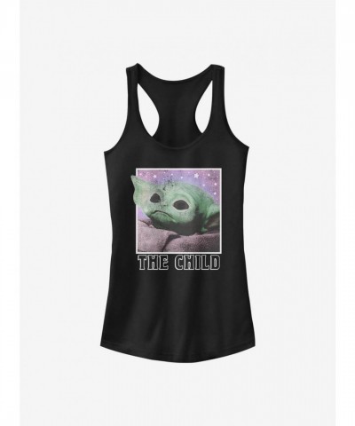 Star Wars Mandalorian Baby Yoda Cosmic Print Girls Tank Top - Black