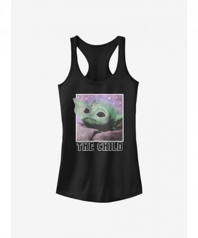 Star Wars Mandalorian Baby Yoda Cosmic Print Girls Tank Top - Black