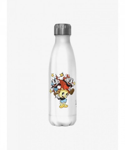 Cuphead Water Bottle - Star Trio Design with Cuphead, Mugman, and Ms. Chalice - 17 oz White Stainless Steel