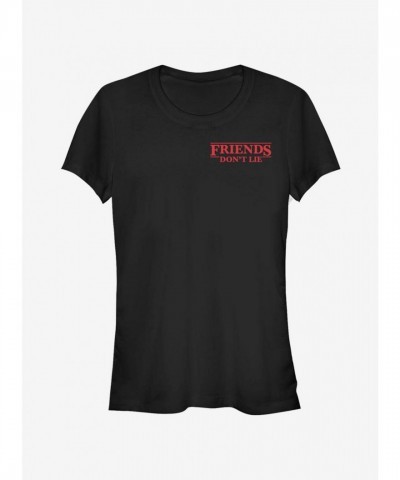 Stranger Things Fitted Black T-Shirt - Girls "Friends Don't Lie" Quote